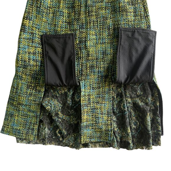 Yansi Fugel Tweed Wool Skirt Size 6 – Green Blue Lace Hem Flared Midi Retro - Picture 9 of 9